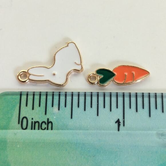Whimsy Gold Tone White Bunny Rabbit Carrot Mini Pendant Bracelet Charms Set Of 2 - Picture 3 of 3
